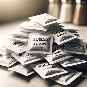 A visual comparison using sugar packets to represent the total sugar
content